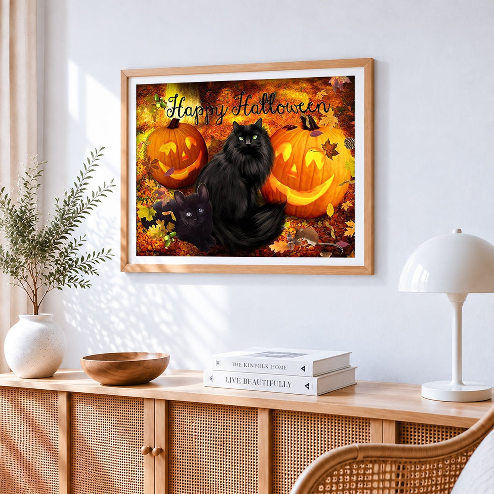 Black cats and jack-o'-lanterns in autumn leaves cross stitch artwork displayed on wall as home decor