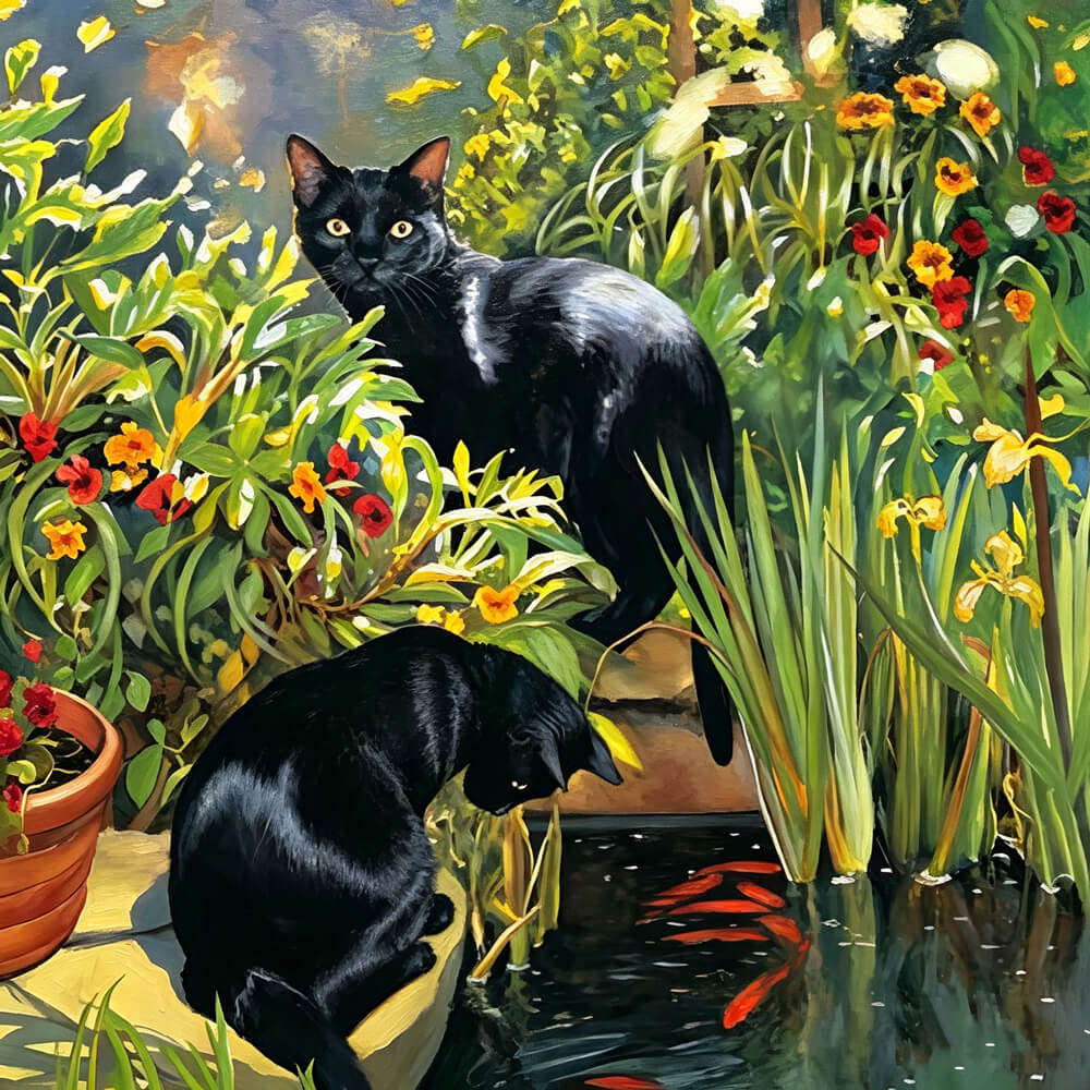 Black cats in garden with koi fish cross stitch kit for beginners