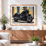 Finished black cruiser motorcycle cross stitch artwork displayed