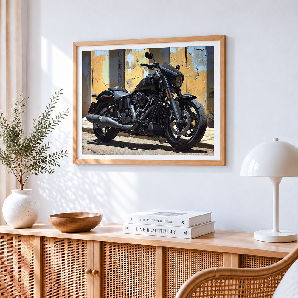 Black cruiser motorcycle cross stitch artwork displayed on wall as home decor