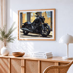 Black cruiser motorcycle paint by numbers artwork displayed on wall as home decor