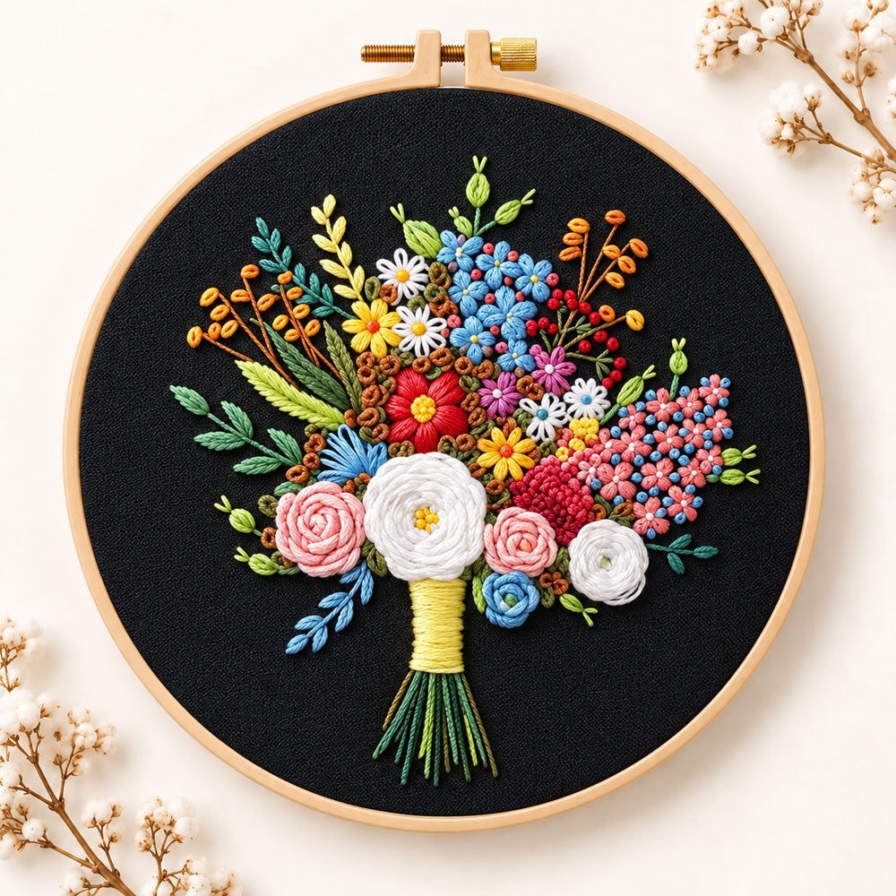 Black fabric flower bouquet embroidery kit