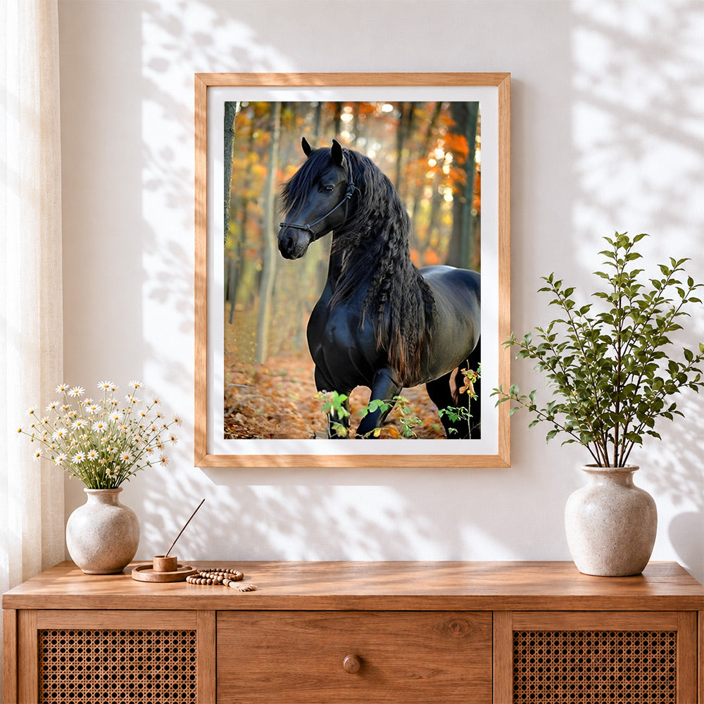 Finished black friesian horse in autumn woods cross stitch artwork displayed