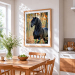 Black friesian horse in autumn woods paint by numbers artwork displayed on wall as home decor
