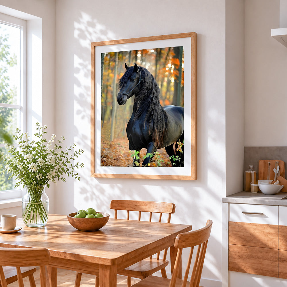 Black friesian horse in autumn woods paint by numbers artwork displayed on wall as home decor