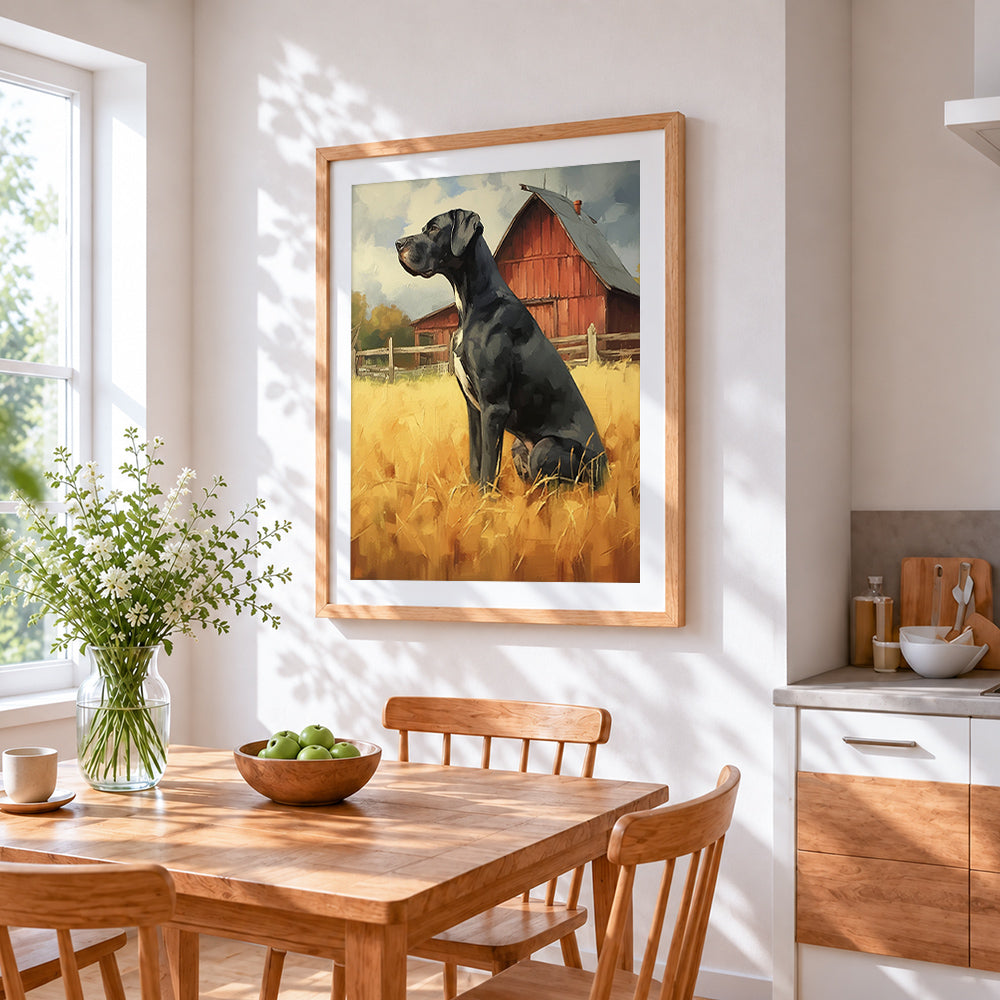 Black great dane by red barn cross stitch artwork displayed on wall as home decor