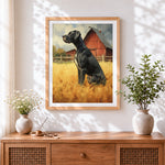 Finished black great dane by red barn paint by numbers artwork displayed as home decor