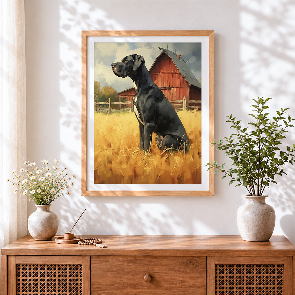 Finished black great dane by red barn paint by numbers artwork displayed as home decor