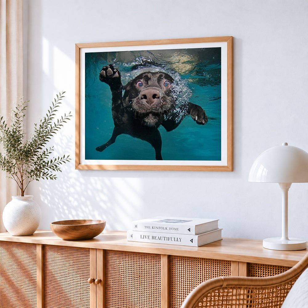 Black labrador swimming underwater cross stitch artwork displayed on wall as home decor