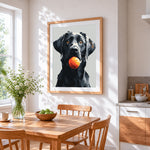 Black labrador with ball paint by numbers artwork displayed on wall as home decor