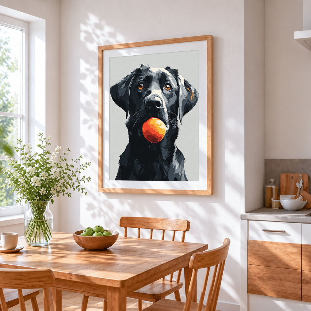 Black labrador with ball paint by numbers artwork displayed on wall as home decor