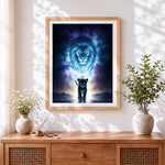 Finished black panther cub and spirit lion cross stitch artwork displayed