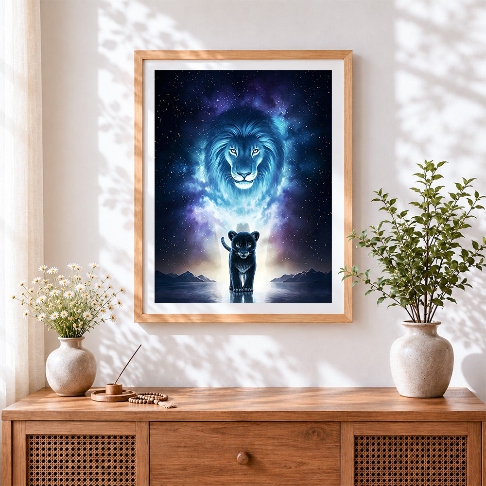Finished black panther cub and spirit lion cross stitch artwork displayed