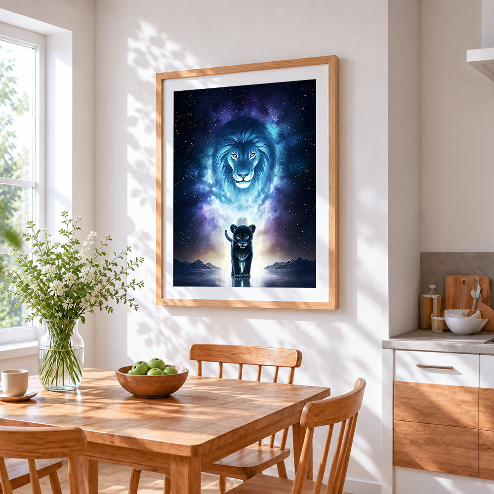 Black panther cub and spirit lion cross stitch artwork displayed on wall as home decor