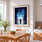 Black panther cub and spirit lion cross stitch artwork displayed on wall as home decor