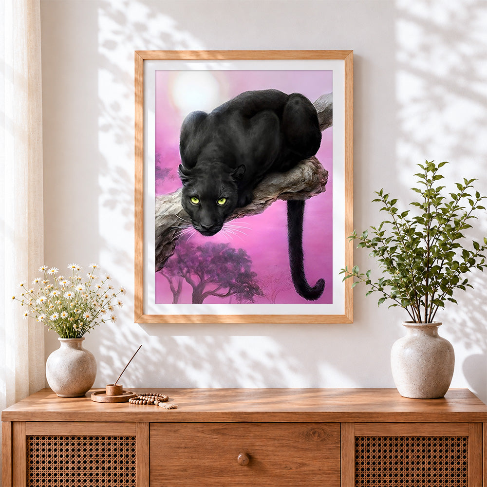 Finished black panther on a branch paint by numbers artwork displayed as home decor