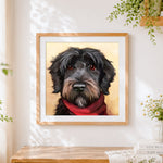 Finished black schnauzer with red scarf cross stitch artwork displayed