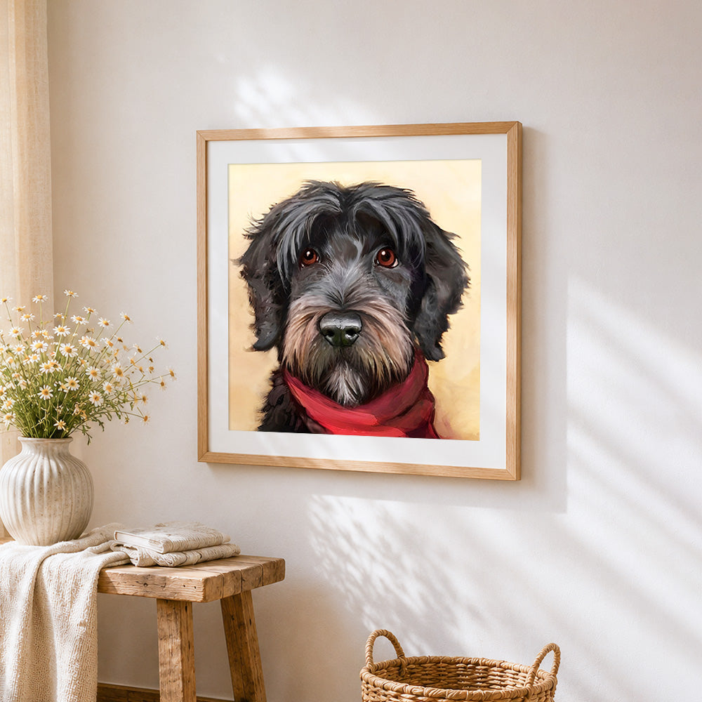 Black schnauzer with red scarf cross stitch artwork displayed on wall as home decor