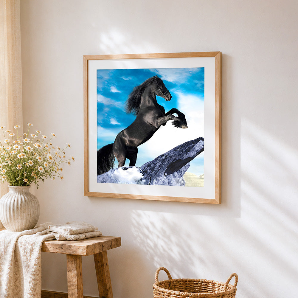 Black stallion horse cross stitch artwork displayed on wall as home decor