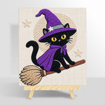 Black witch cat on broomstick punch needle kit for beginners