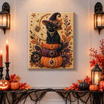 Finished black witch cat on stacked pumpkins pearl diamond painting artwork displayed as holiday home decor