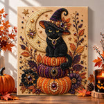 Black witch cat on stacked pumpkins pearl diamond painting kit for beginners
