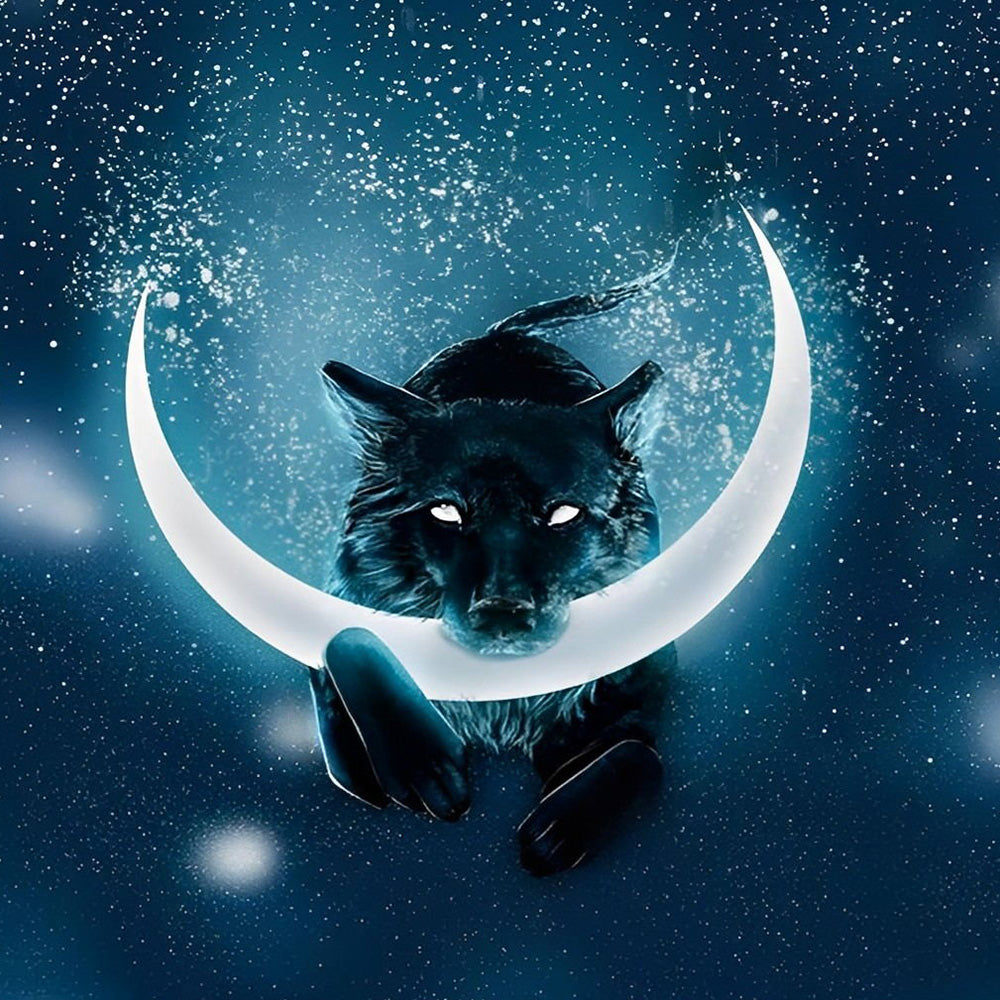 Black wolf and crescent moon cross stitch kit for beginners