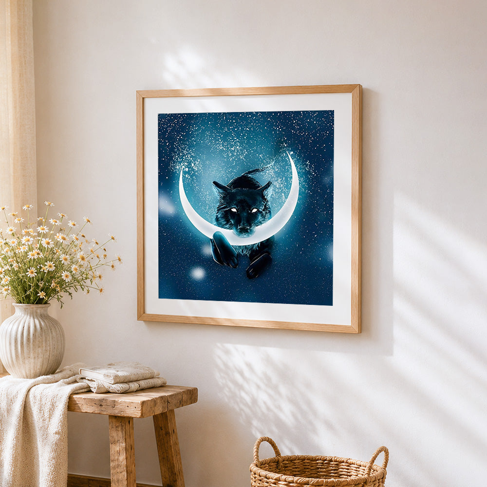 Black wolf and crescent moon cross stitch artwork displayed on wall as home decor