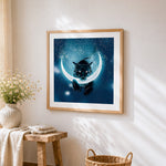 Black wolf and crescent moon cross stitch artwork displayed on wall as home decor
