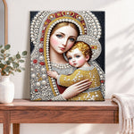 Finished blessed mother and child pearl diamond painting artwork displayed as home decor