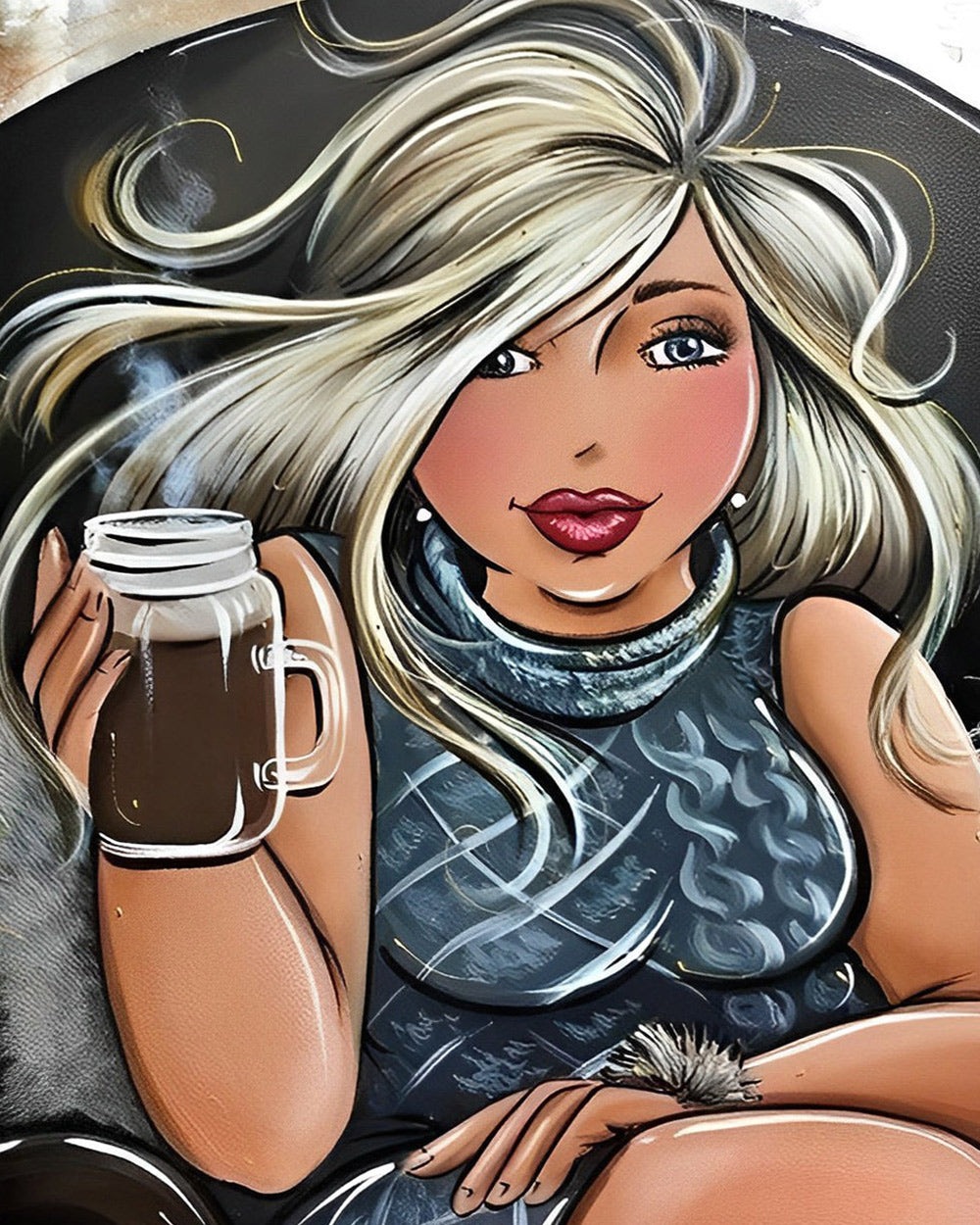 Blonde woman drinking coffee cross stitch kit for beginners
