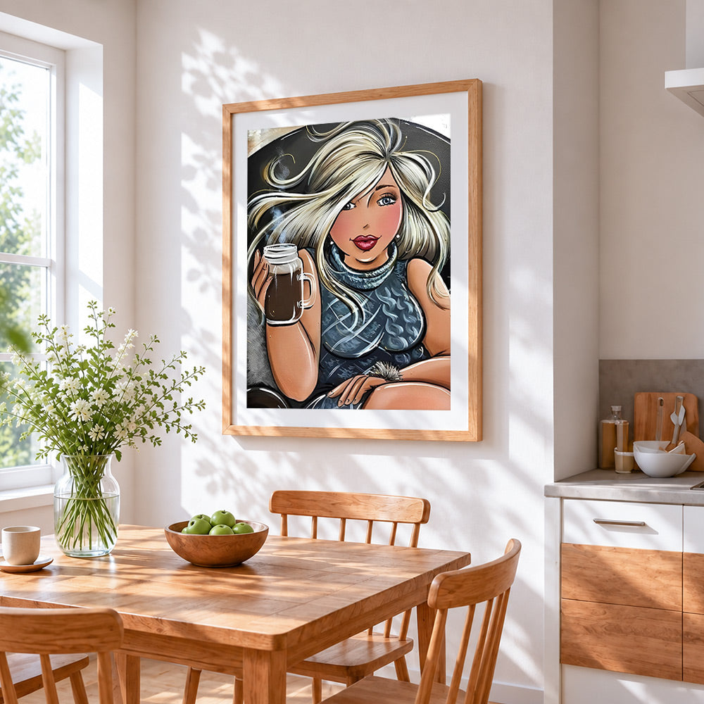 Blonde woman drinking coffee cross stitch artwork displayed on wall as home decor