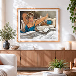 Finished blonde woman enjoying breakfast in bed paint by numbers artwork displayed as home decor