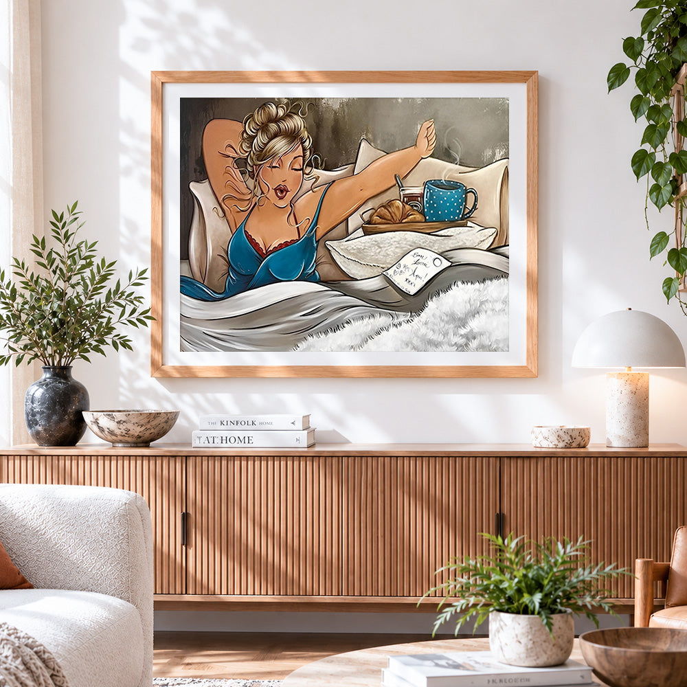 Finished blonde woman enjoying breakfast in bed paint by numbers artwork displayed as home decor