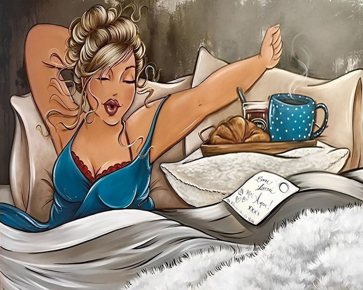 Blonde woman enjoying breakfast in bed paint by numbers kit for beginners
