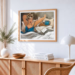 Blonde woman enjoying breakfast in bed paint by numbers artwork displayed on wall as home decor