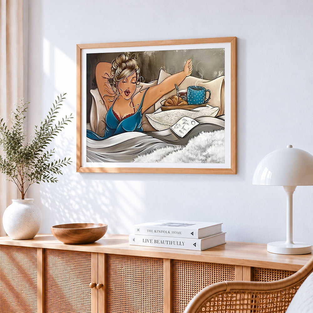 Blonde woman enjoying breakfast in bed paint by numbers artwork displayed on wall as home decor