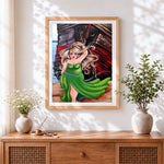 Finished blonde woman in green dress by boat cross stitch artwork displayed