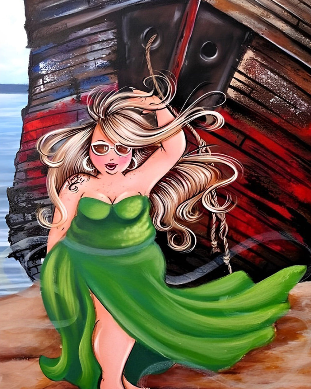 Blonde woman in green dress by boat cross stitch kit for beginners