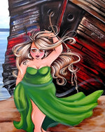 Blonde woman in green dress by boat cross stitch kit for beginners