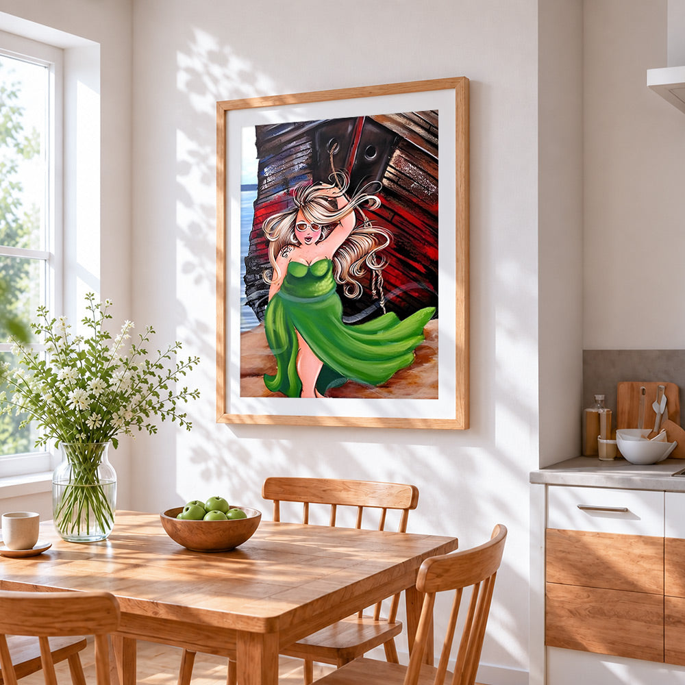 Blonde woman in green dress by boat cross stitch artwork displayed on wall as home decor