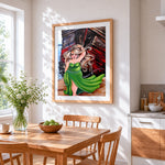 Blonde woman in green dress by boat cross stitch artwork displayed on wall as home decor