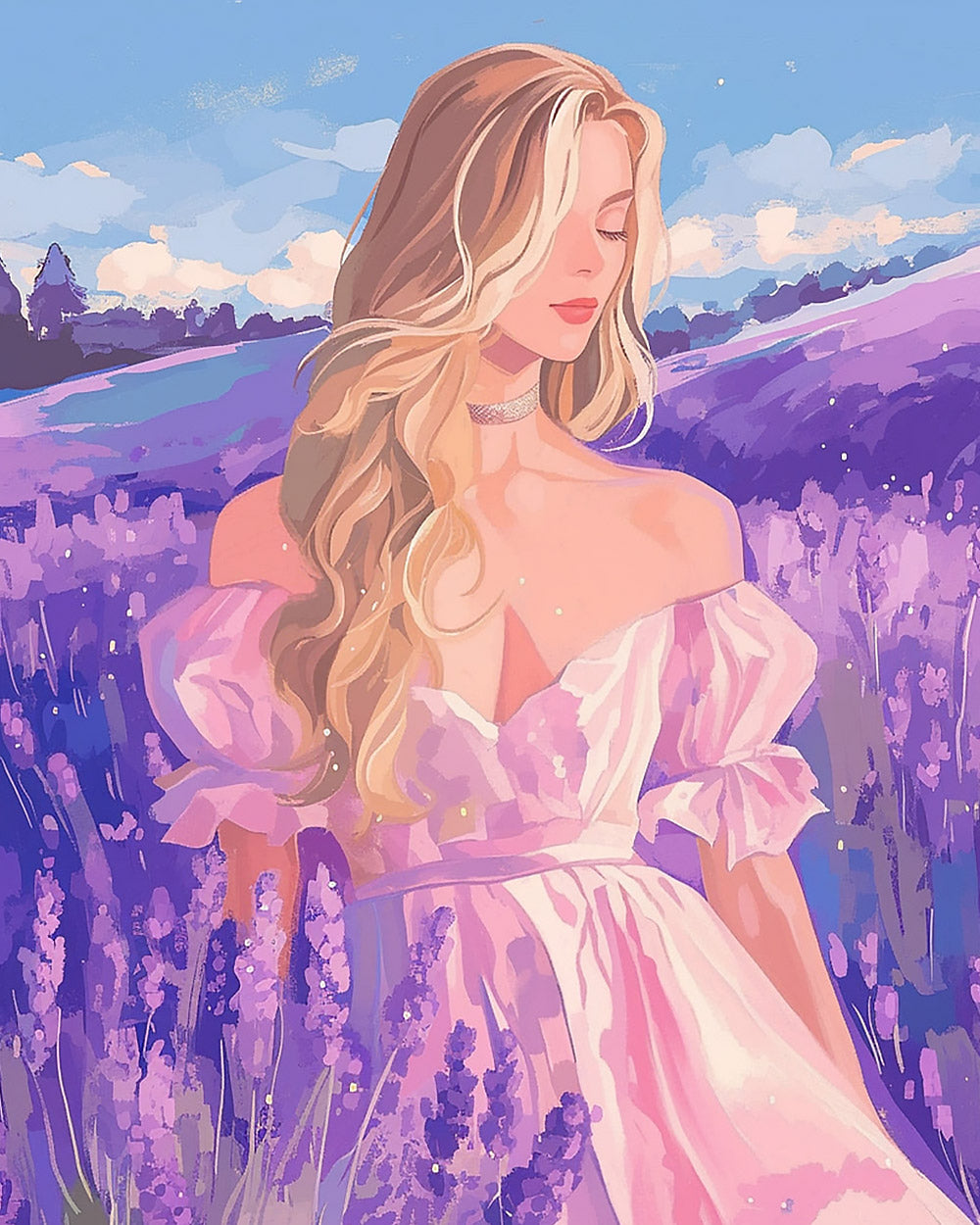Blonde woman in lavender field cross stitch kit for beginners