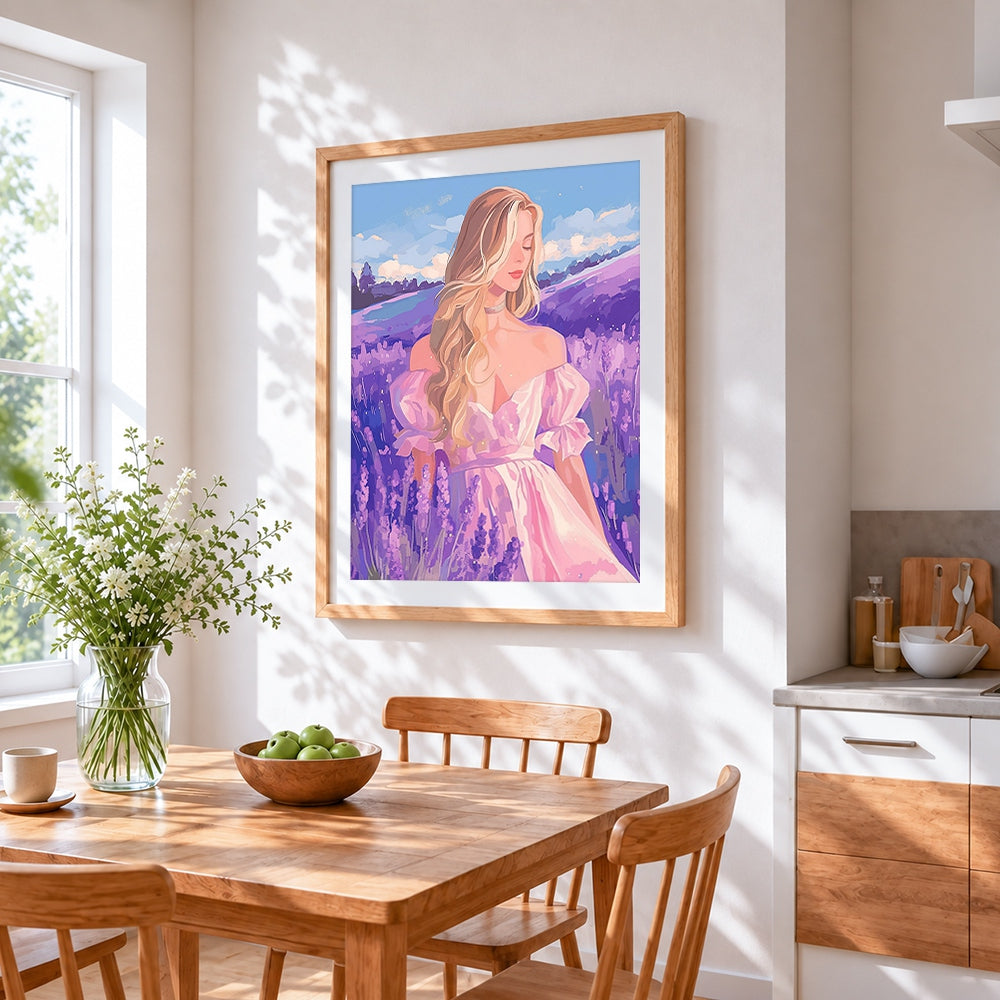 Blonde woman in lavender field cross stitch artwork displayed on wall as home decor