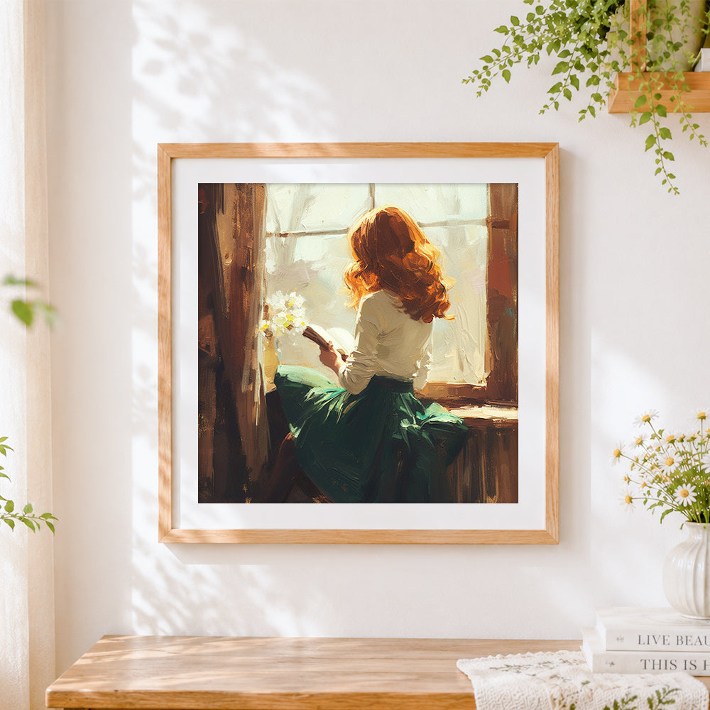 Finished blonde woman reading by the window cross stitch artwork displayed