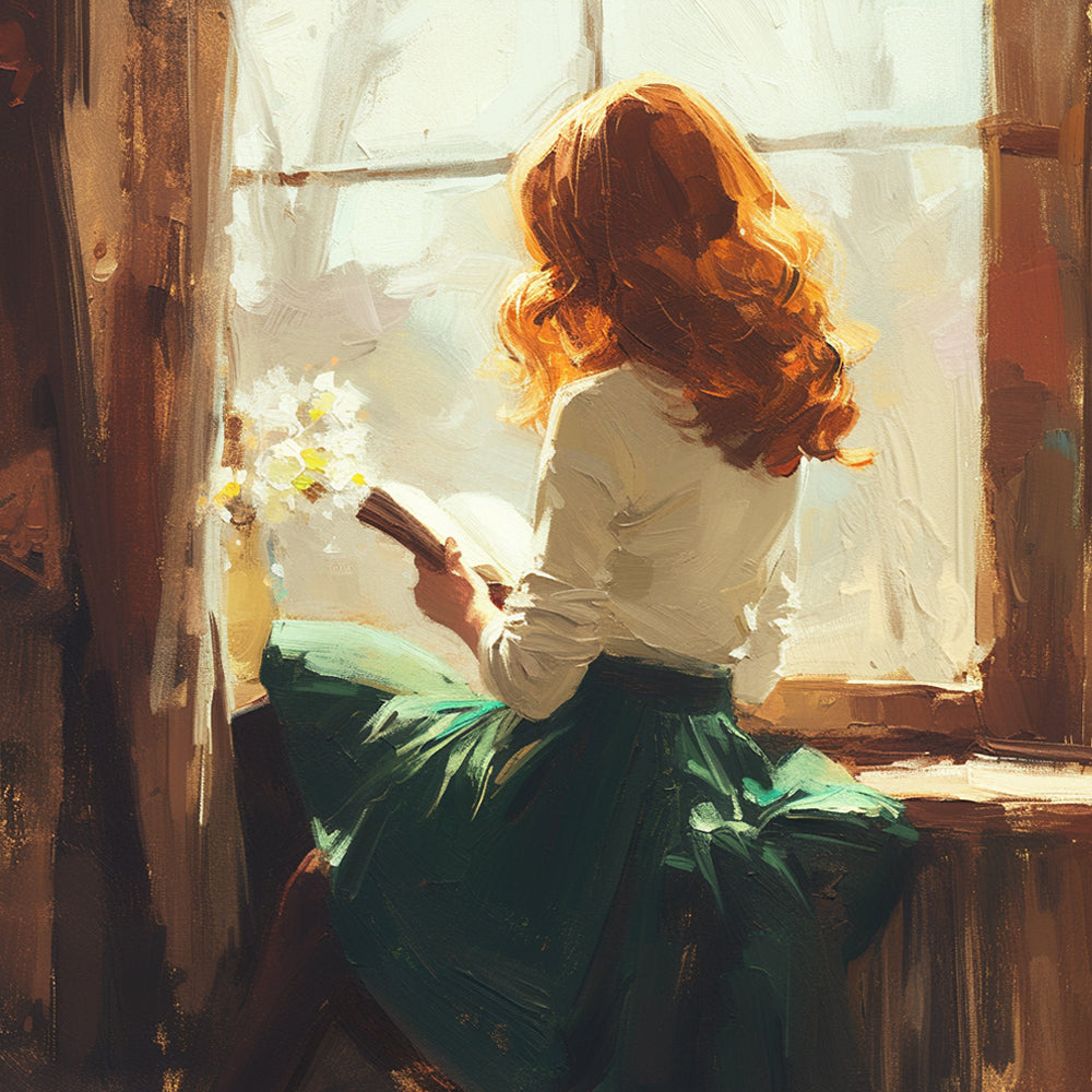 Blonde woman reading by the window cross stitch kit for beginners