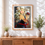 Finished blonde woman with glass of wine cross stitch artwork displayed