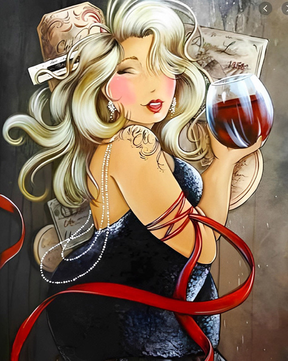 Blonde woman with glass of wine cross stitch kit for beginners
