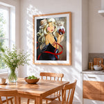 Blonde woman with glass of wine cross stitch artwork displayed on wall as home decor