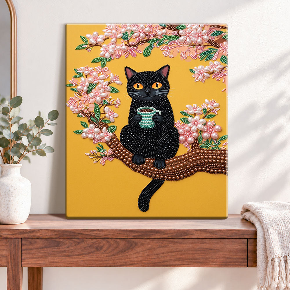 Finished blossom black cat pearl diamond painting artwork displayed as home decor